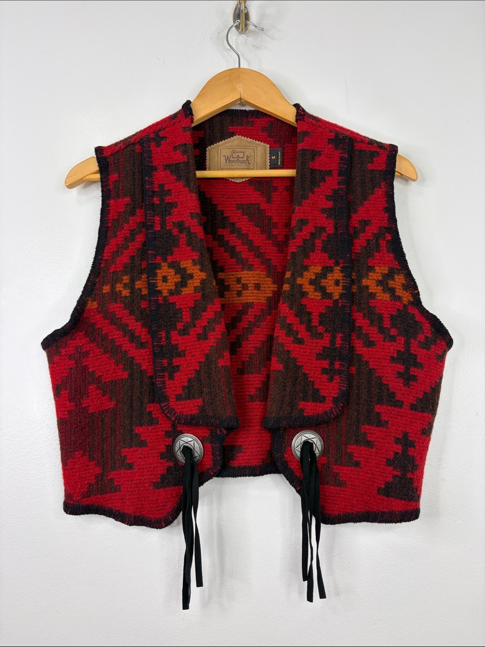 Vintage Woolrich Vest Womens Medium Red Black Wool Tassel Aztec Southwestern